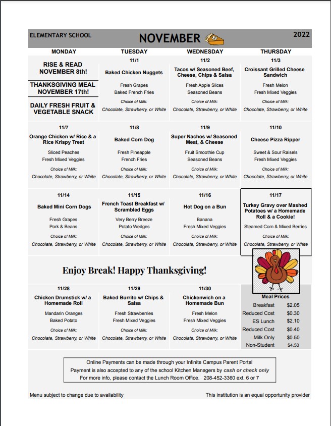 Elementary Lunch Menu Fruitland Elementary School