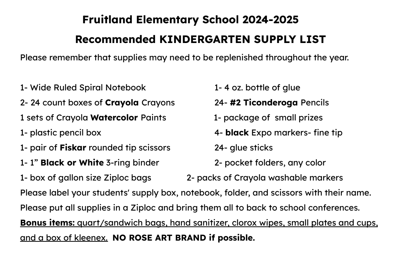 Kindergarten Supplies List