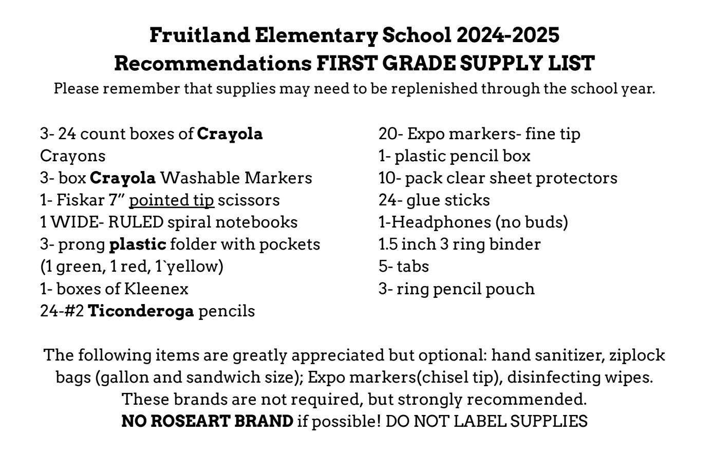 First Grade Supplies list