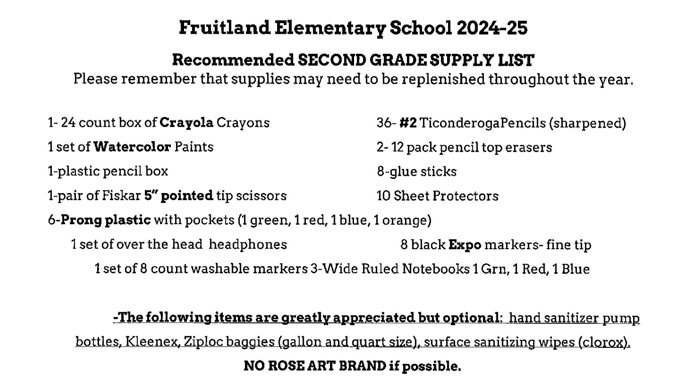 Second Grade supply list