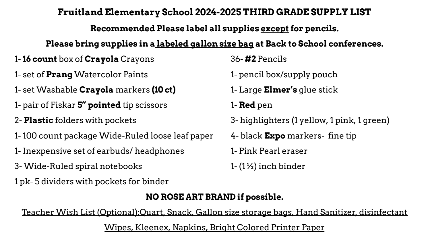 Third Grade supply list