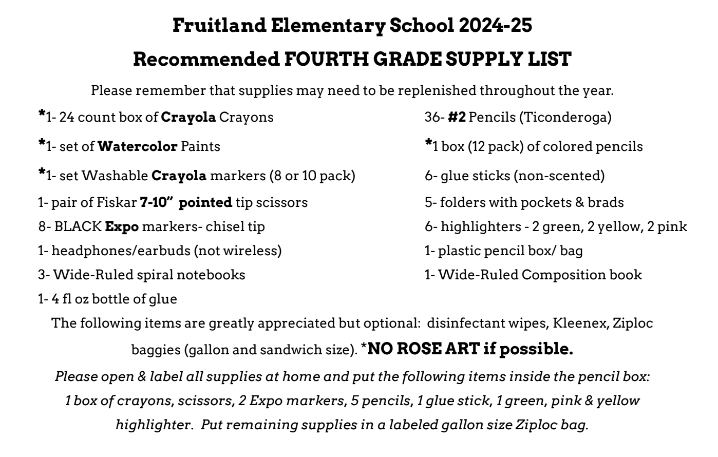 Fourth Grade supply list