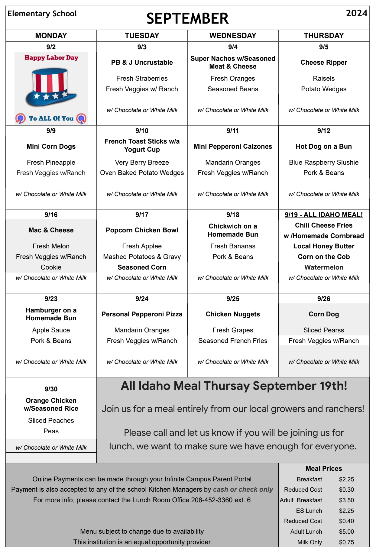 Elementary Lunch Menu