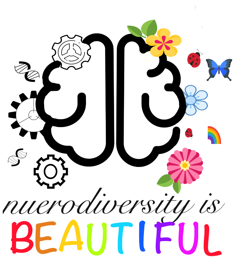 Image of a brain, outlined in black and white. Left side has images of gears and DNA, right side has colorful flowers, rainbows, and butterflies. The bottom reads "neurodiversity is beautiful" with rainbow colors. 