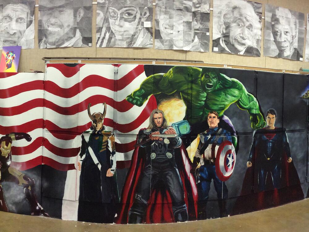 painting of loki , thor , captain america, and superman 