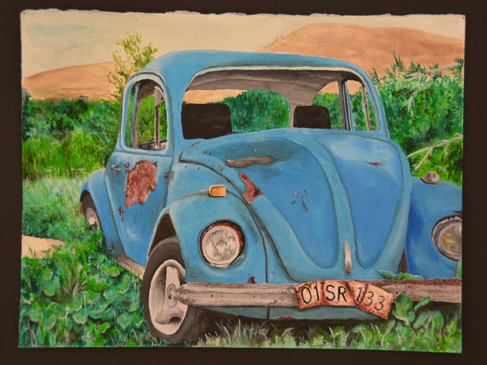 painting of.a blue car left in the wild