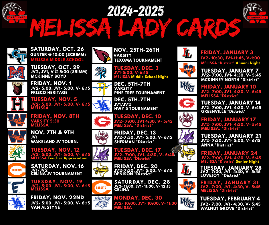 2024-2025 Lady Cardinal Basketball Schedule