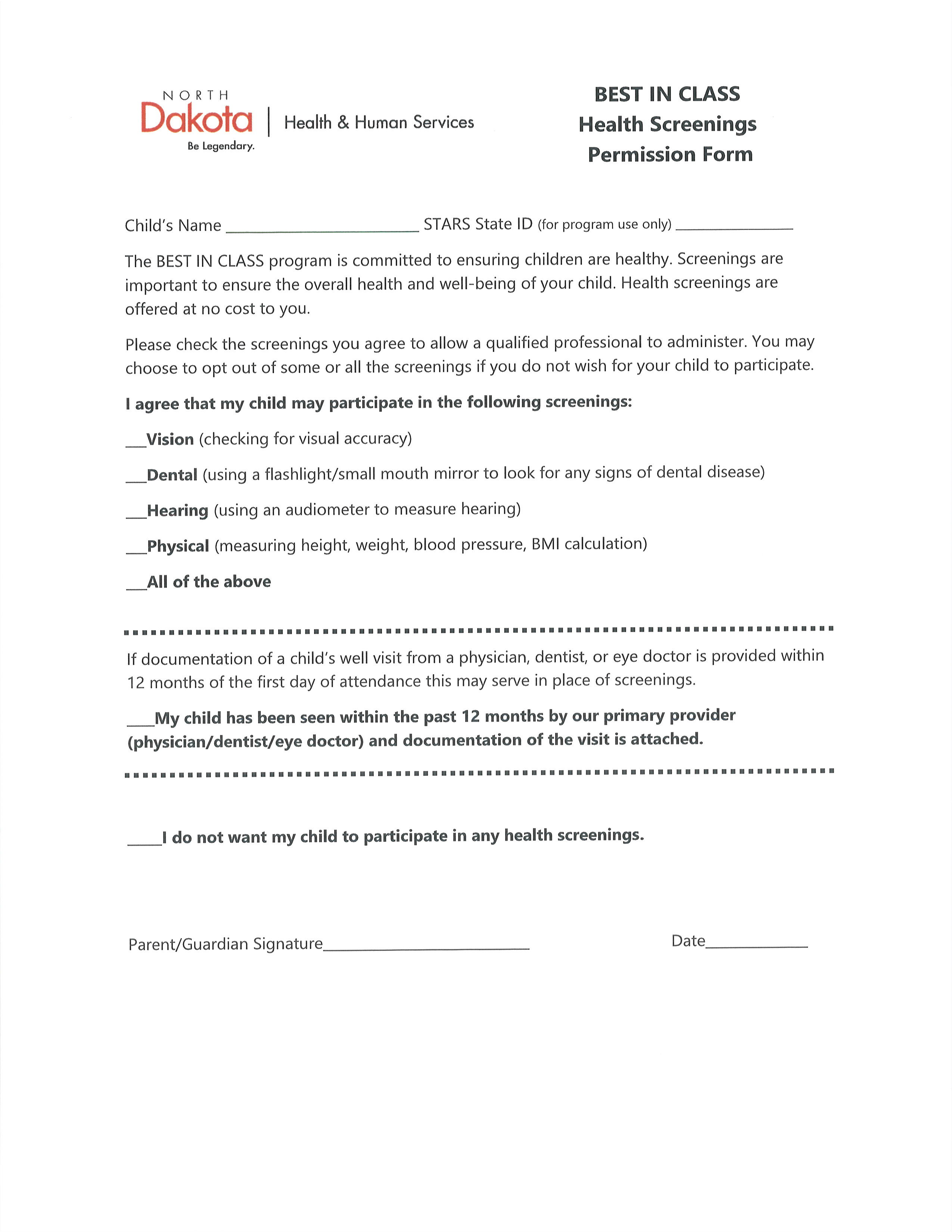 BIC Health Screening Form