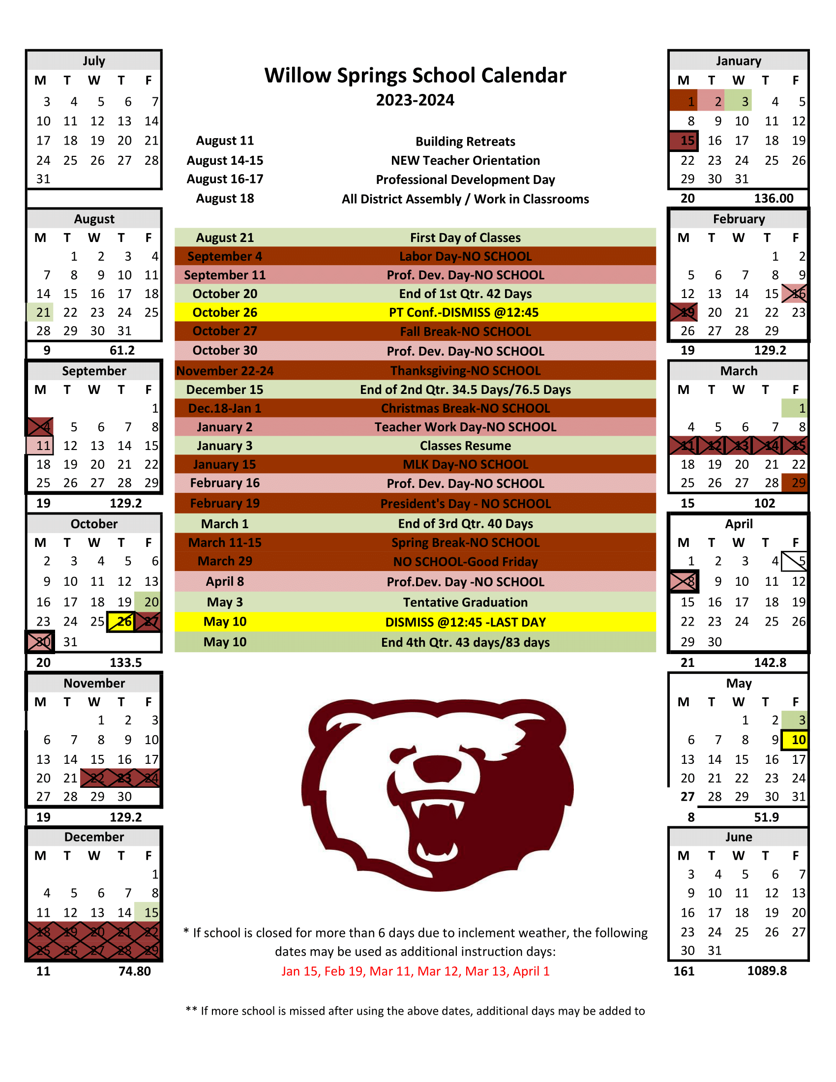 2023-24 District Calendar | Willow Springs School District