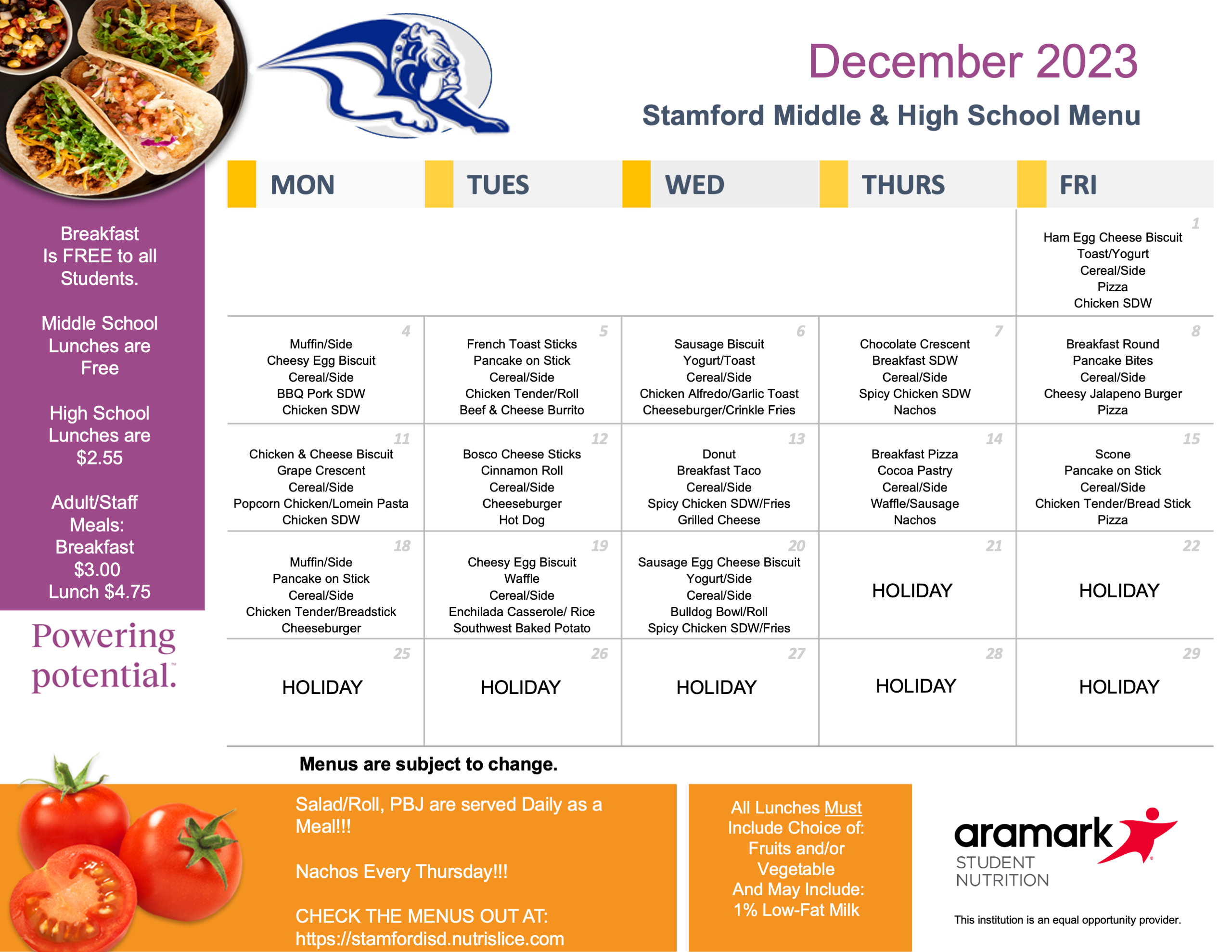Dining Menus Stamford ISD