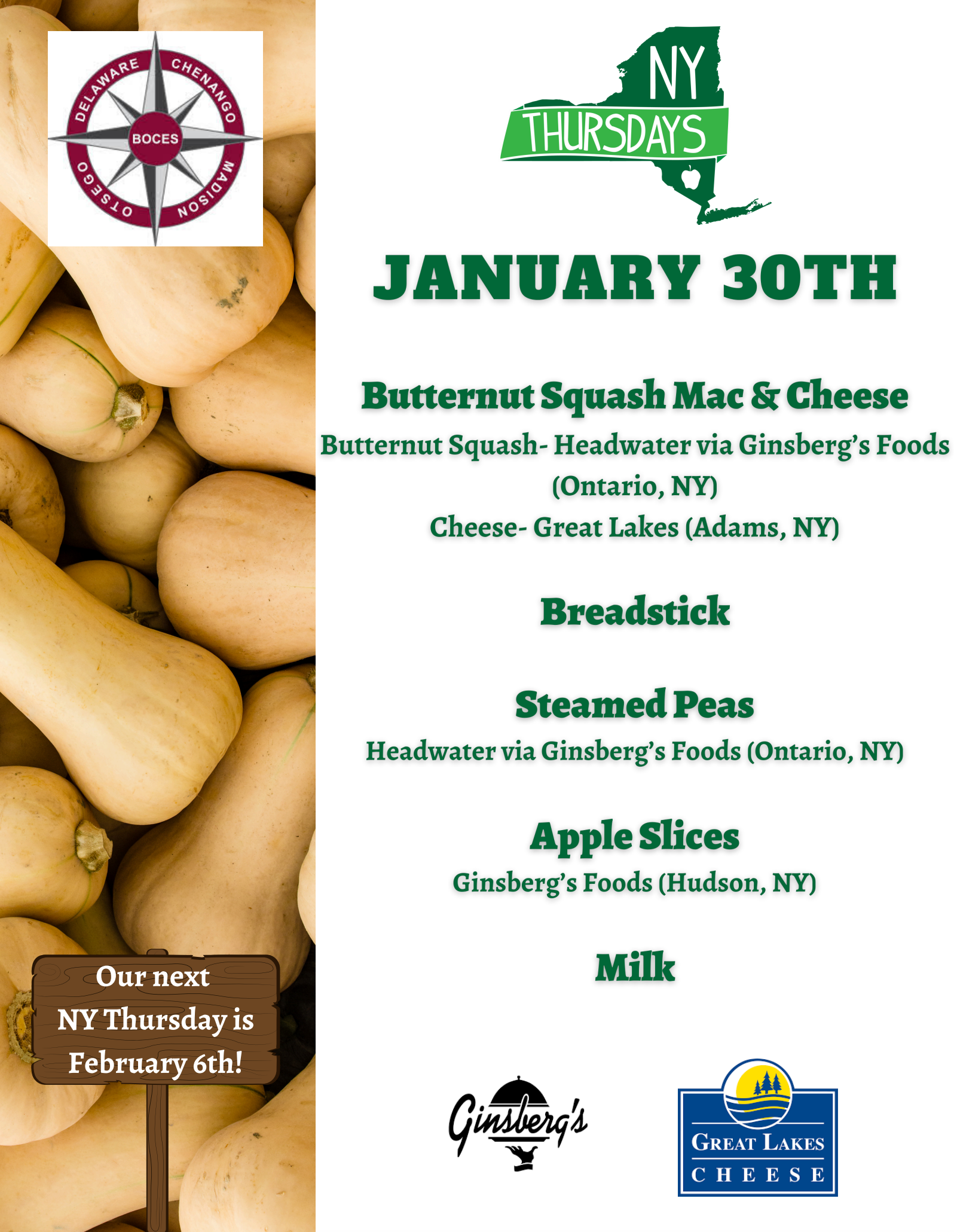 NY Thursdays poster- december 12 Chicken and vegetable lo mein green beans apple milk Our next NY Thursday is january 16th!