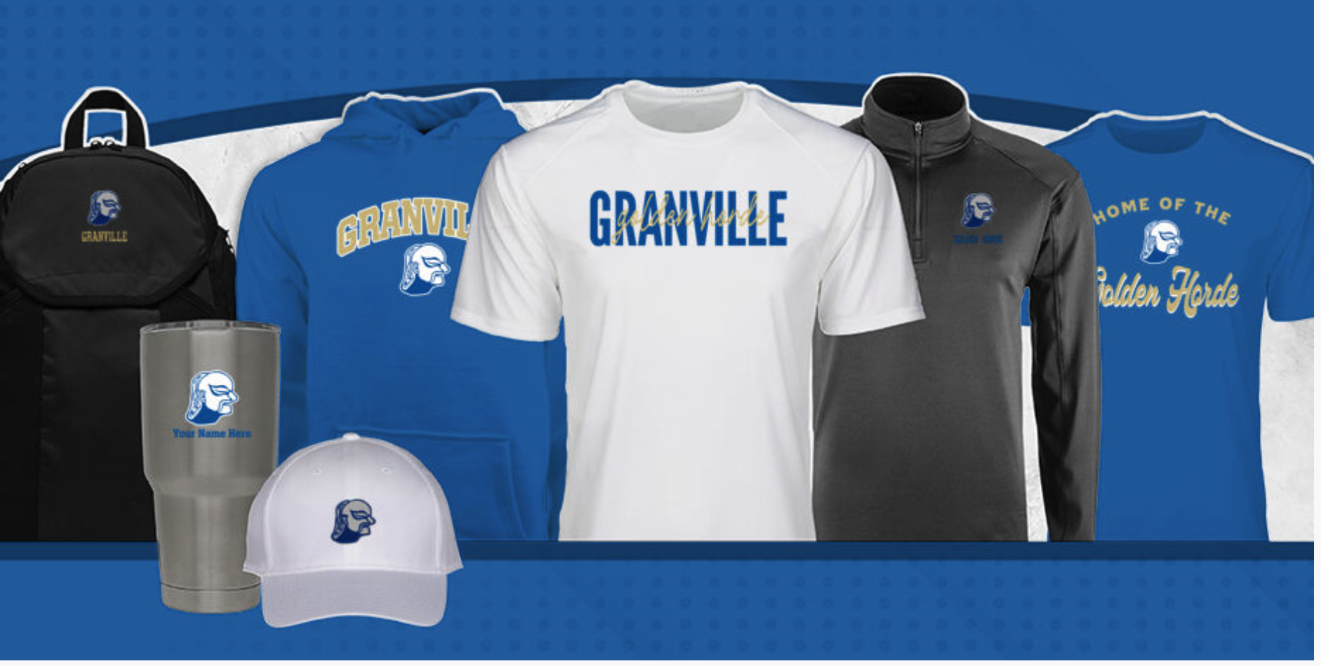 Image of blue, grey and gold apparel including t-shirt, hoodies, backpack, mug and hat: granville csd apparel store - proceeds go to booster club