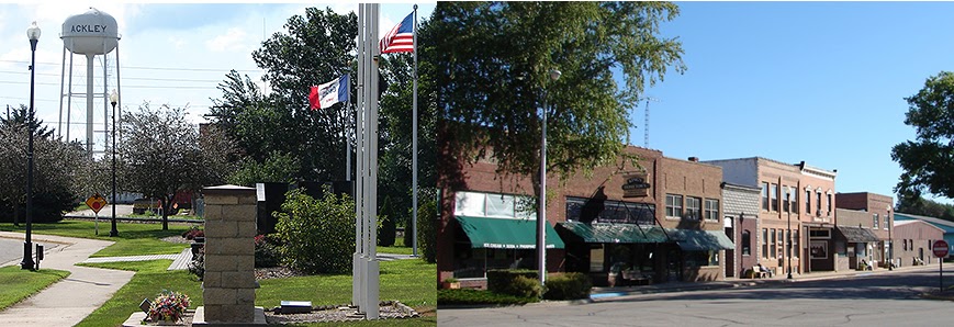 Images of Ackley including a water tower, flags, and buildings