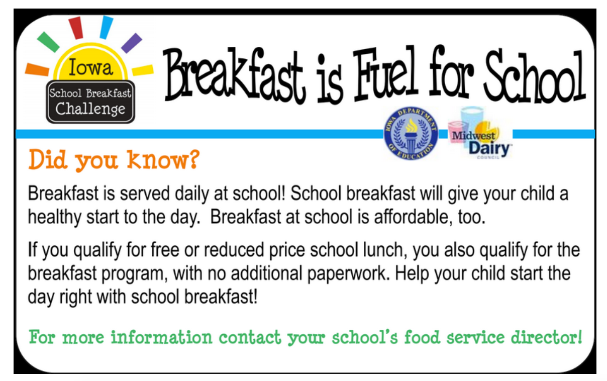 Flyer describing that breakfast is available at the school and free or reduced students qualify for free or reduced breakfast