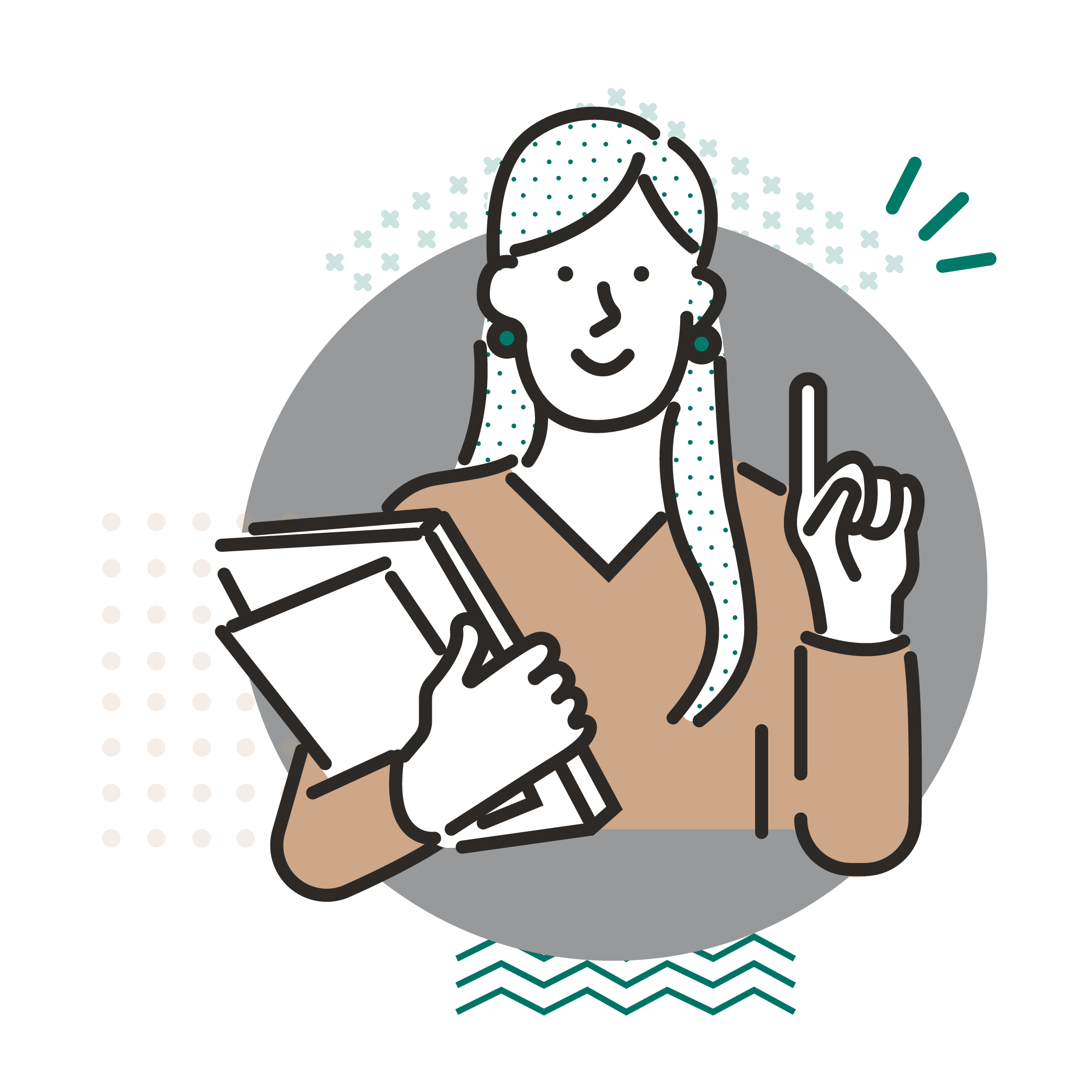 Career Illustration - Woman pointing her finger,  with some papers in the other hand