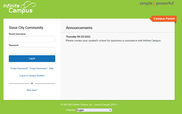 Infinite Campus login sreen