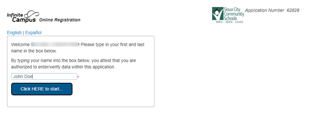 Image of Annual Verification screen in Infinite Campus. Select "Click Here to start" button.