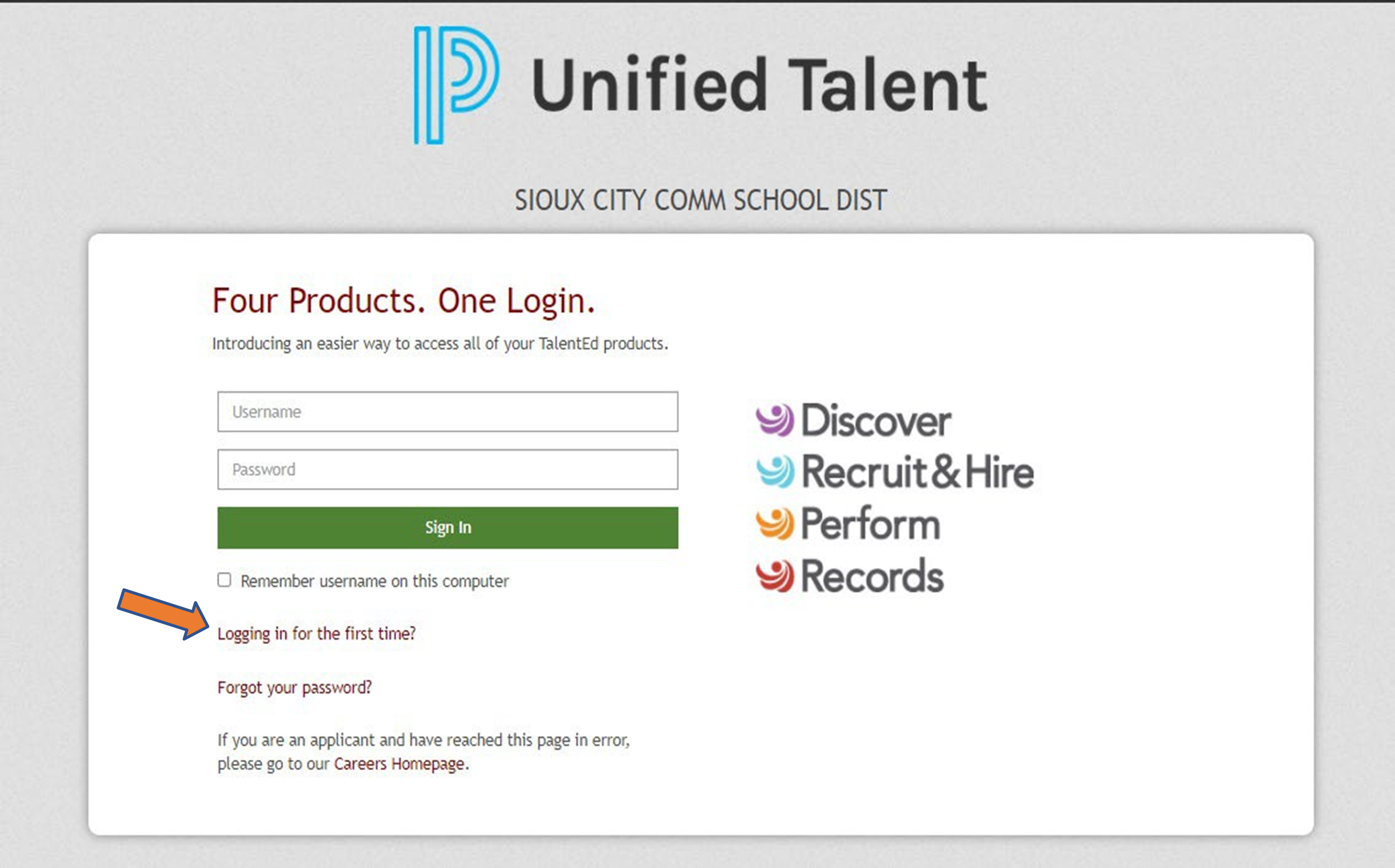 Screenshot of Records (Unified Talent) log in screen