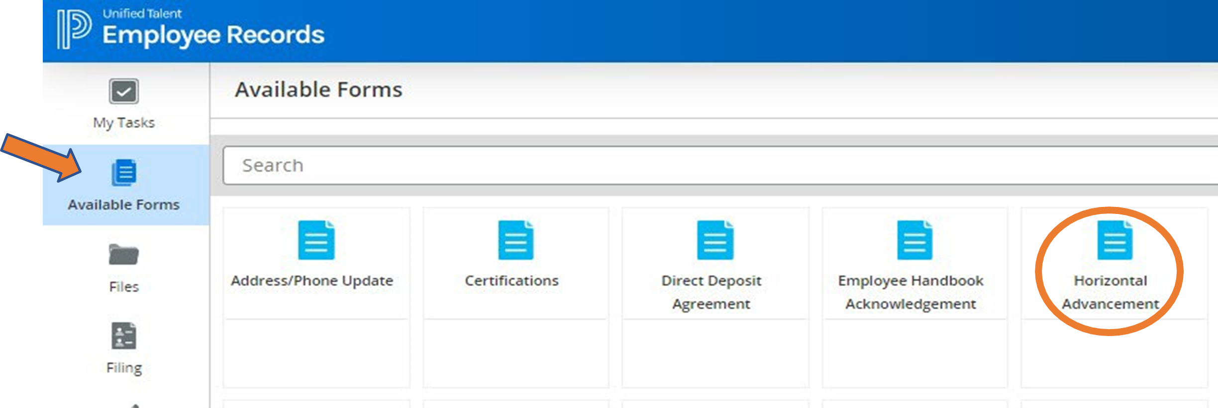 Screenshot of accessing horizontal advancement form