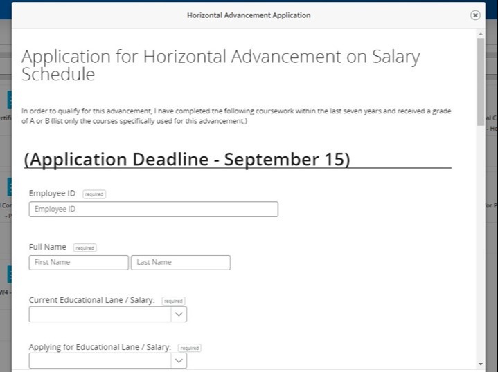 Screenshot showing example horizontal advancement form