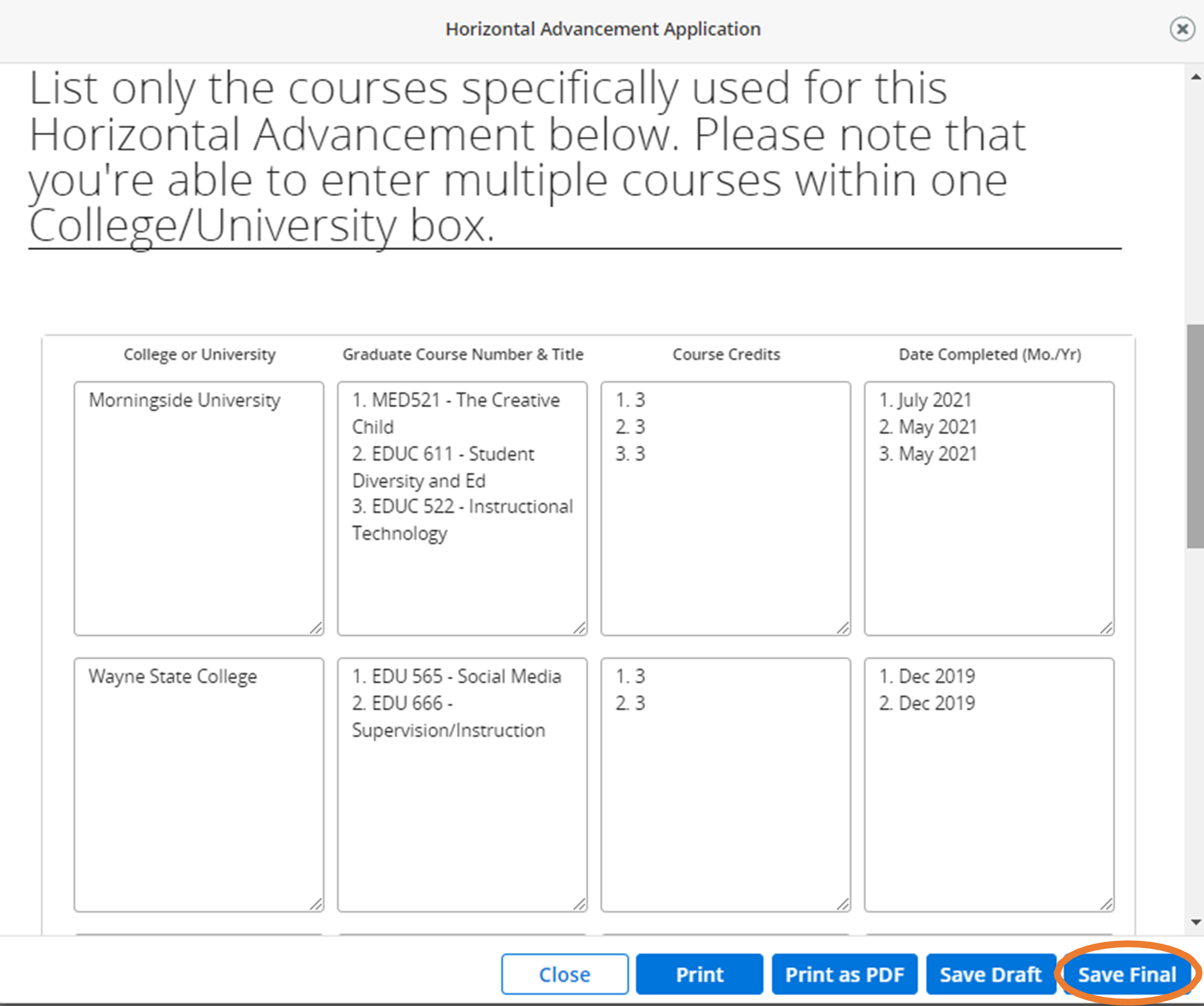 Screenshot showing examples of adding educational background to form