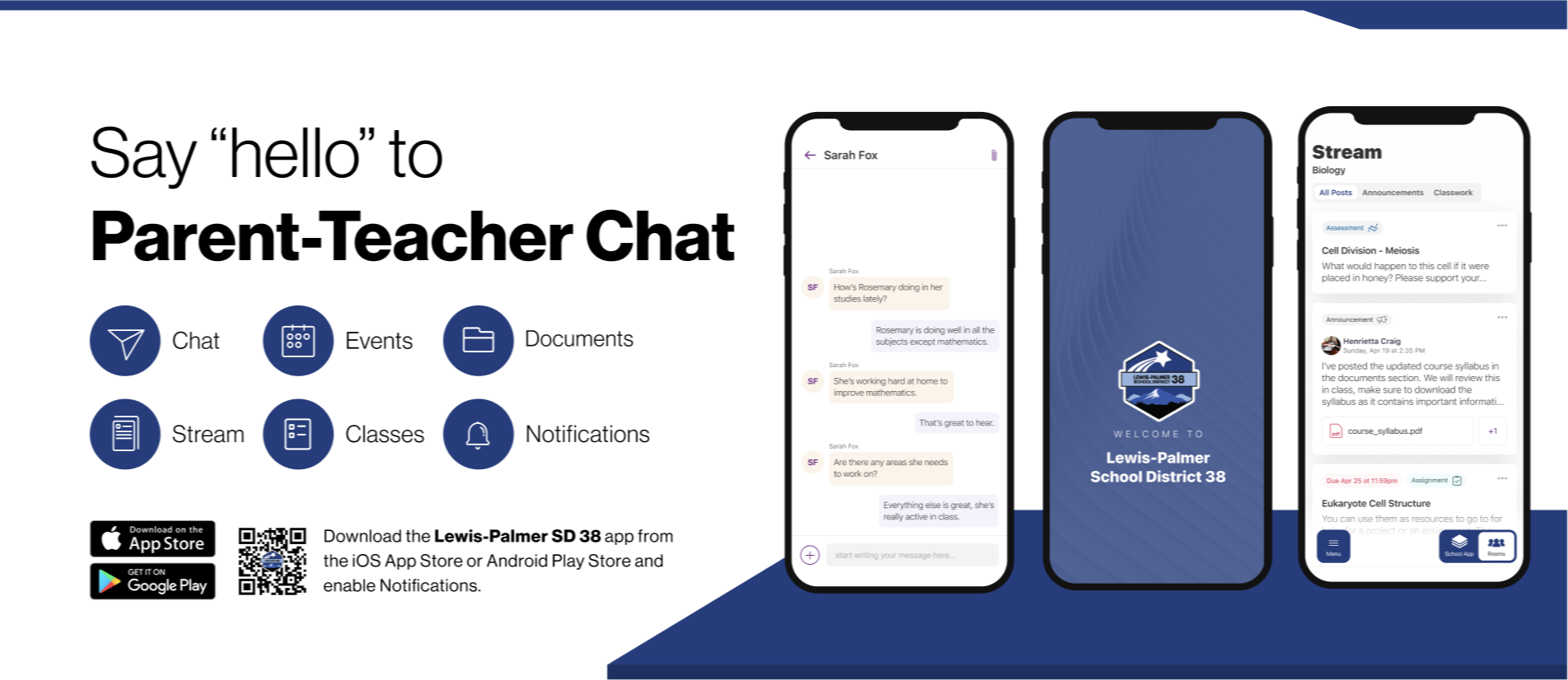 “Say hello to Parent-Teacher chat in the new Rooms app. Download the (Lewis-Palmer School District) app in the Google Play or Apple App store.”