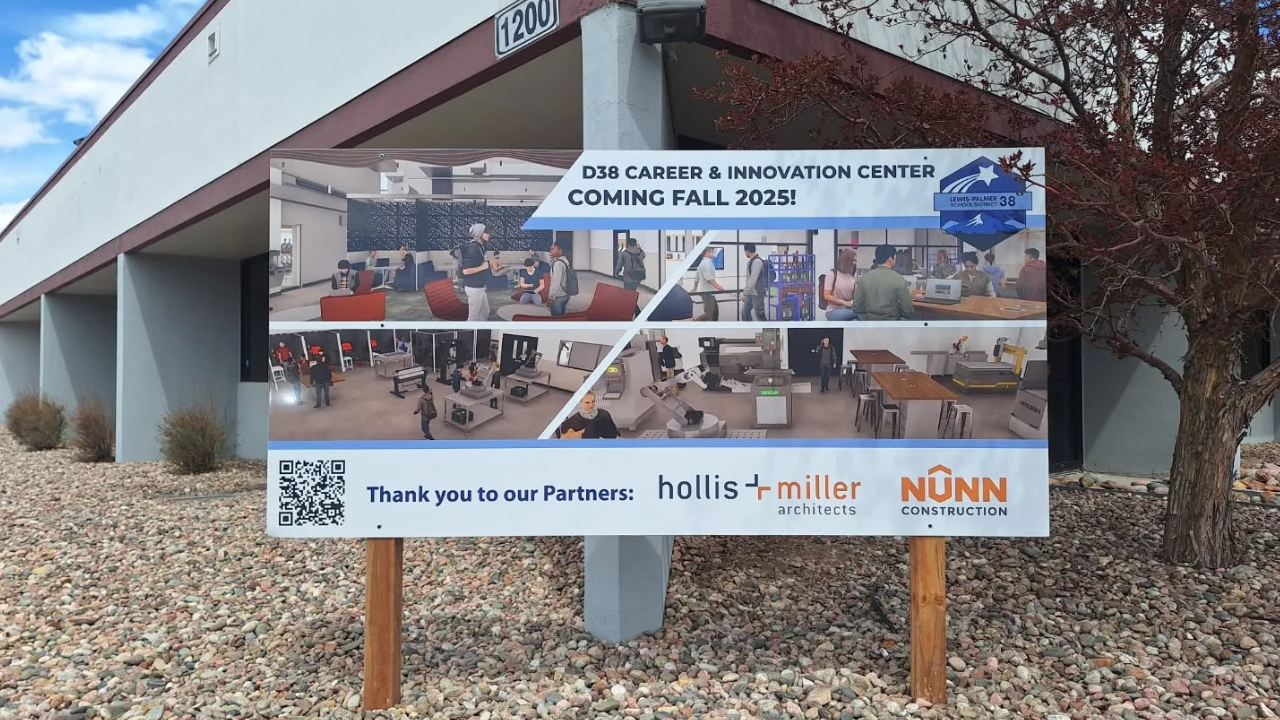 SIGN IN FRON T OF THE D38 CAREER AND INNOVATION CENTER - COMING FALL 2025 - THANK YOU TO OUR PARTNERS HOLLIS & MILLER ARCHITECTS AND NUNN CONSTRUCTION