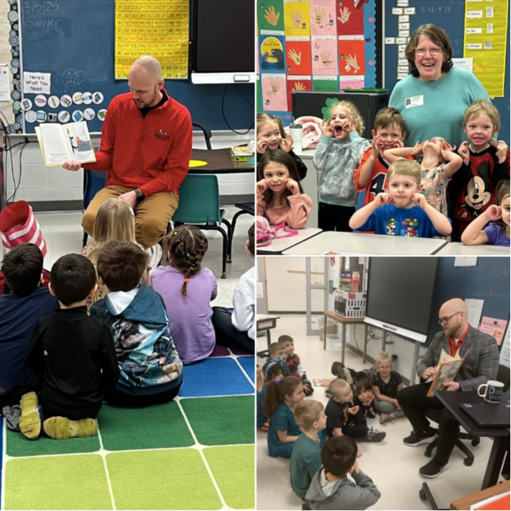 Afton Elementary students with teacher, principal and board member