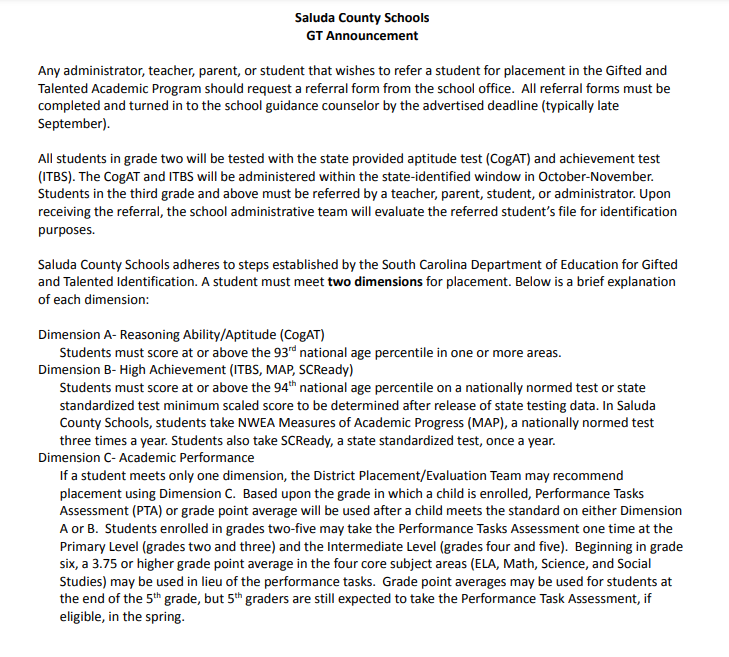 Gifted & Talented Program info