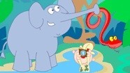 cartoon elephant standing in a puddle and holding a red snake while a person on safari takes their picture from below