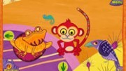 red monkey sitting between an orange frog and a purple parrot