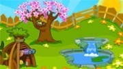 cartoon of a beautiful backyard with a cherry blossom tree, birdhouse, and wooden teepee