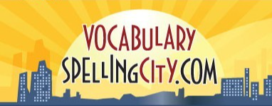 cartoon city scape with the title "Vocabulary Spellingcity"
