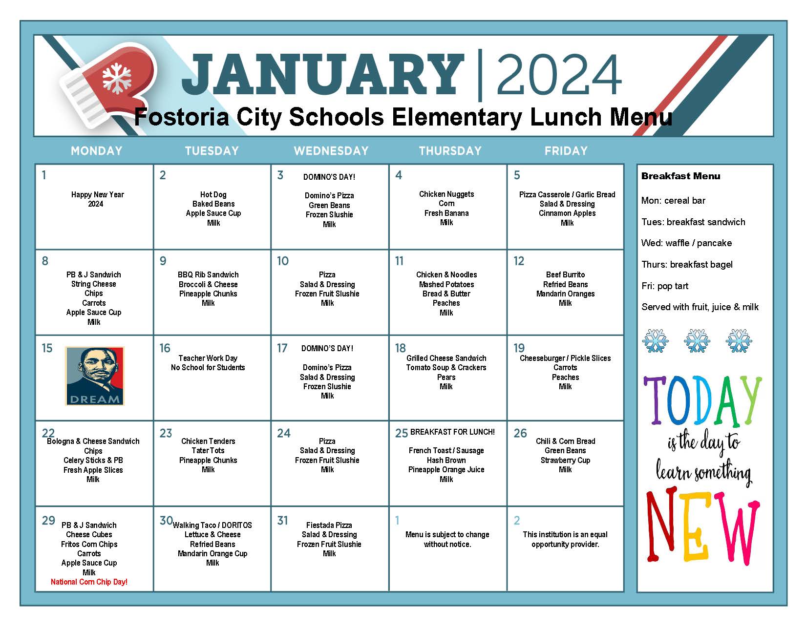 Elementary Menu Fostoria City School District