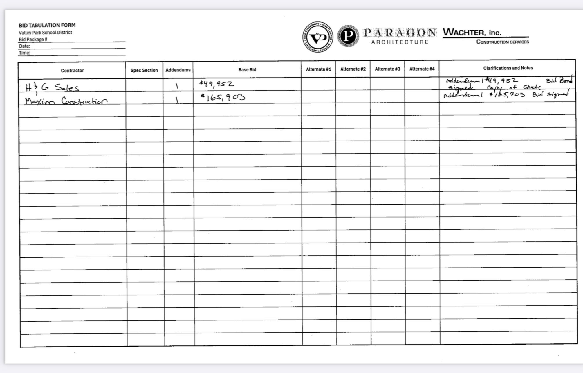 bid tabulations form