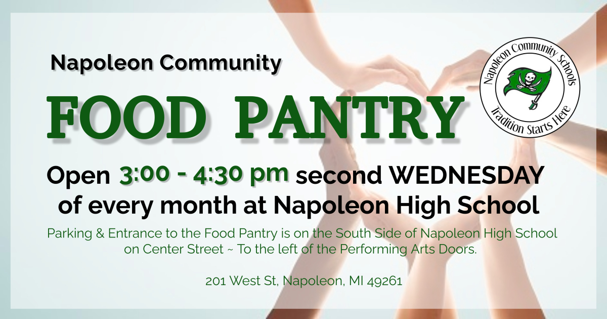 Food Pantry Open 3-4:30pm 2nd Wed of every month at Napoleon High School Parking South Side NHS on Center St 