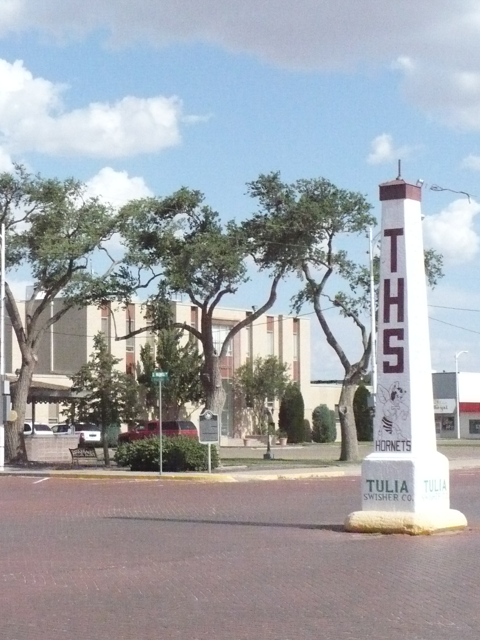 monument in middle of road with trees 