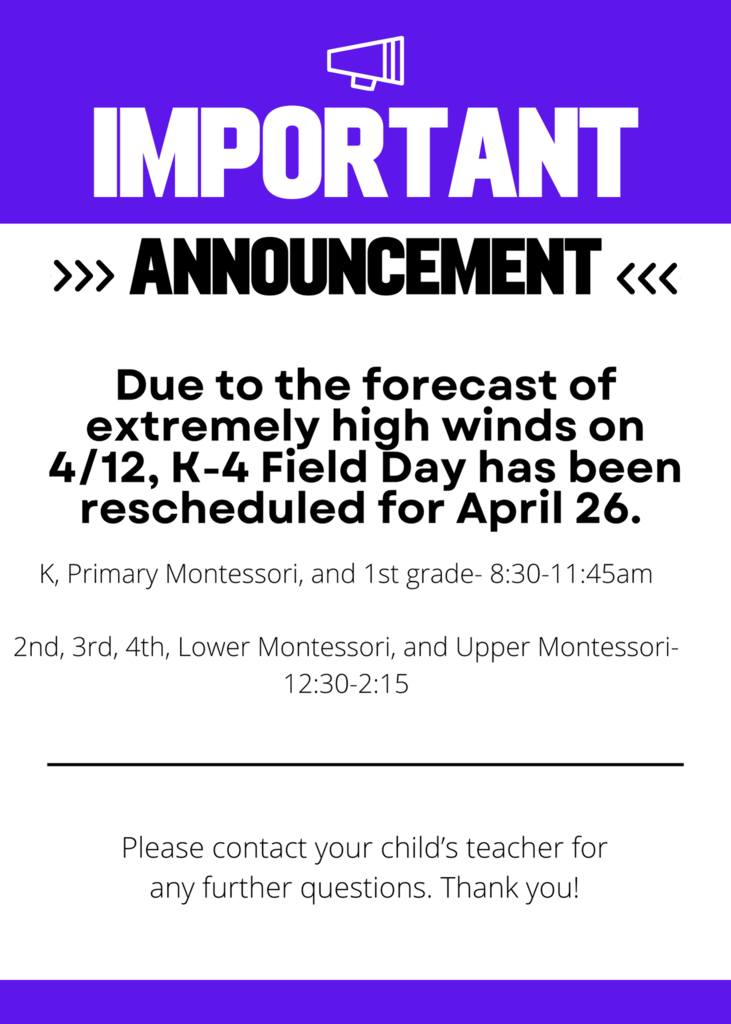 Rescheduling Elementary Field Day to April 26