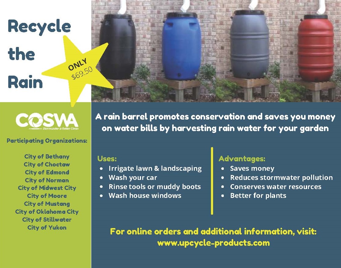 A rain barrel promotes conservation and saves you money on water bills by harvesting rain water for your garden Irrigate lawn & landscaping Wash your car Rinse tools or muddy boots Wash house windows Uses: Saves money Reduces stormwater pollution Conserves water resources Better for plants Advantages: For online orders and additional information, visit: www.upcycle-products.com