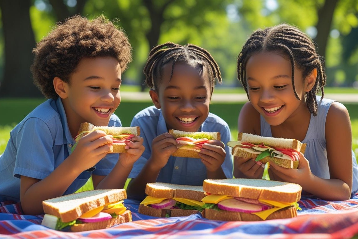 Kids eating sandwiches outdoors