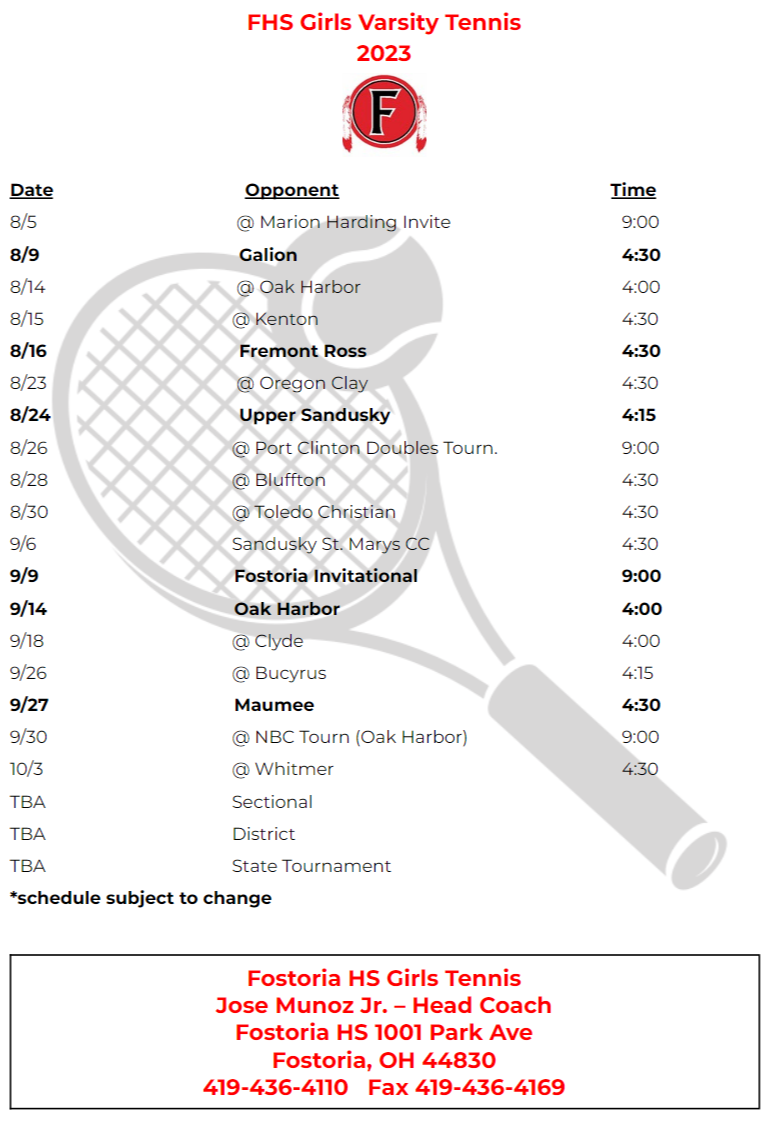 girls tennis schedule