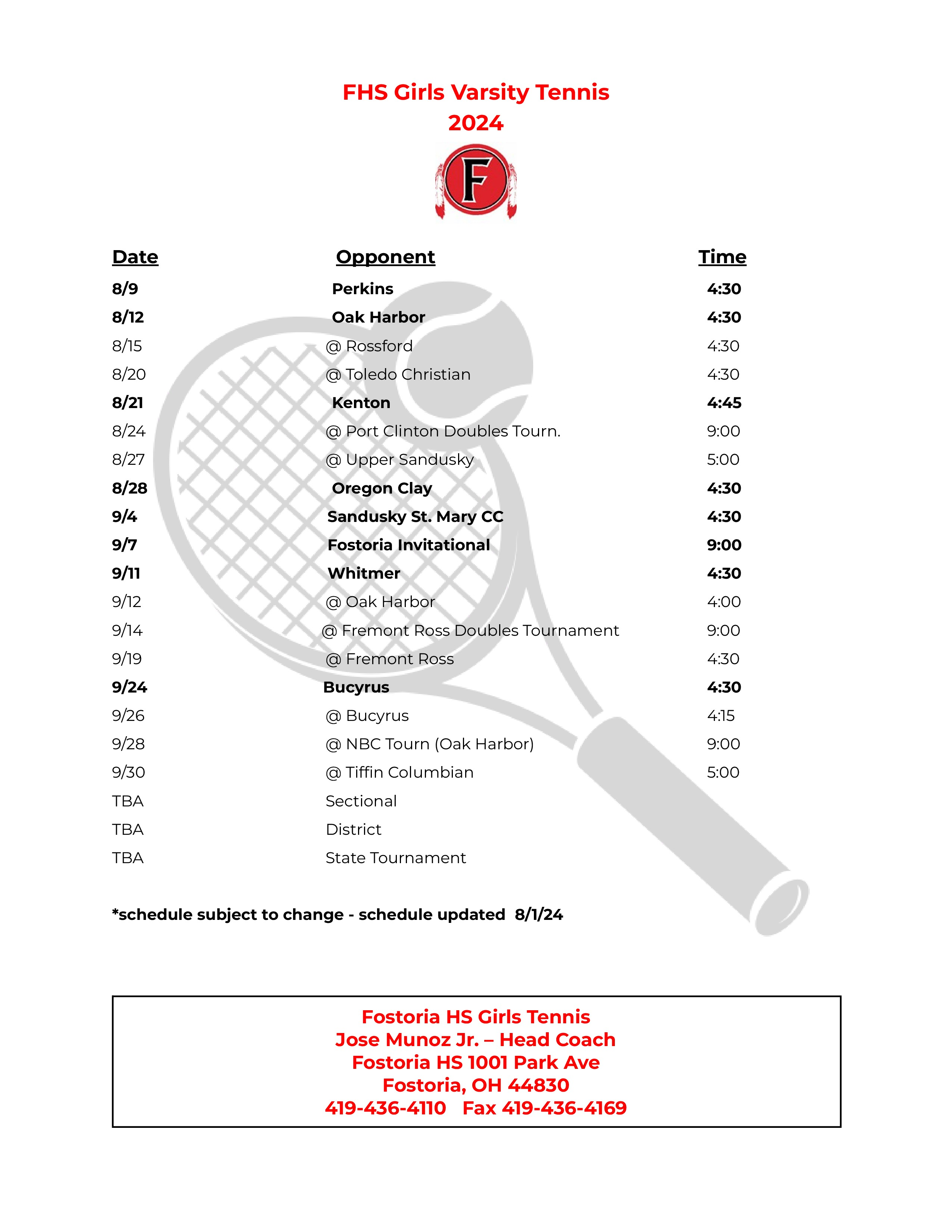 girls tennis schedule