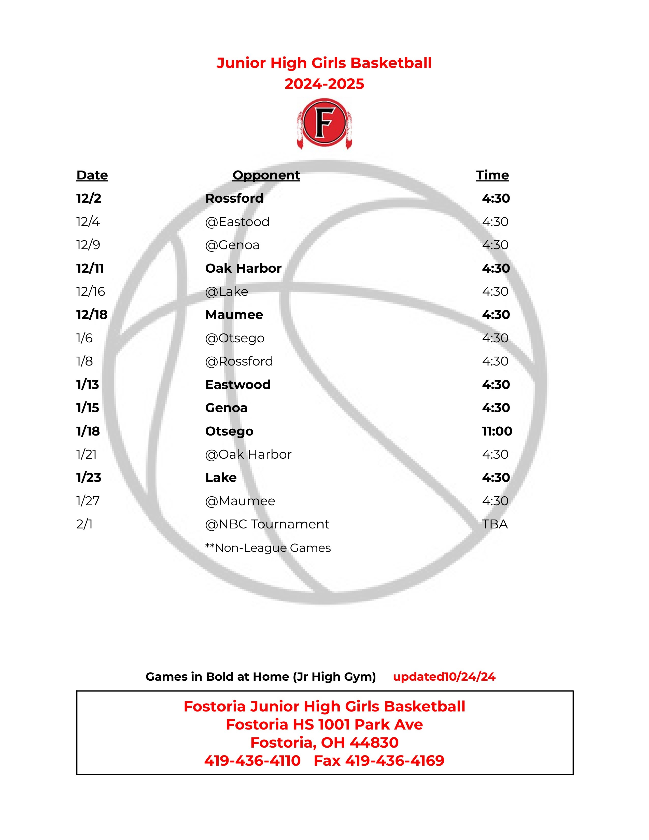 girls basketball schedule