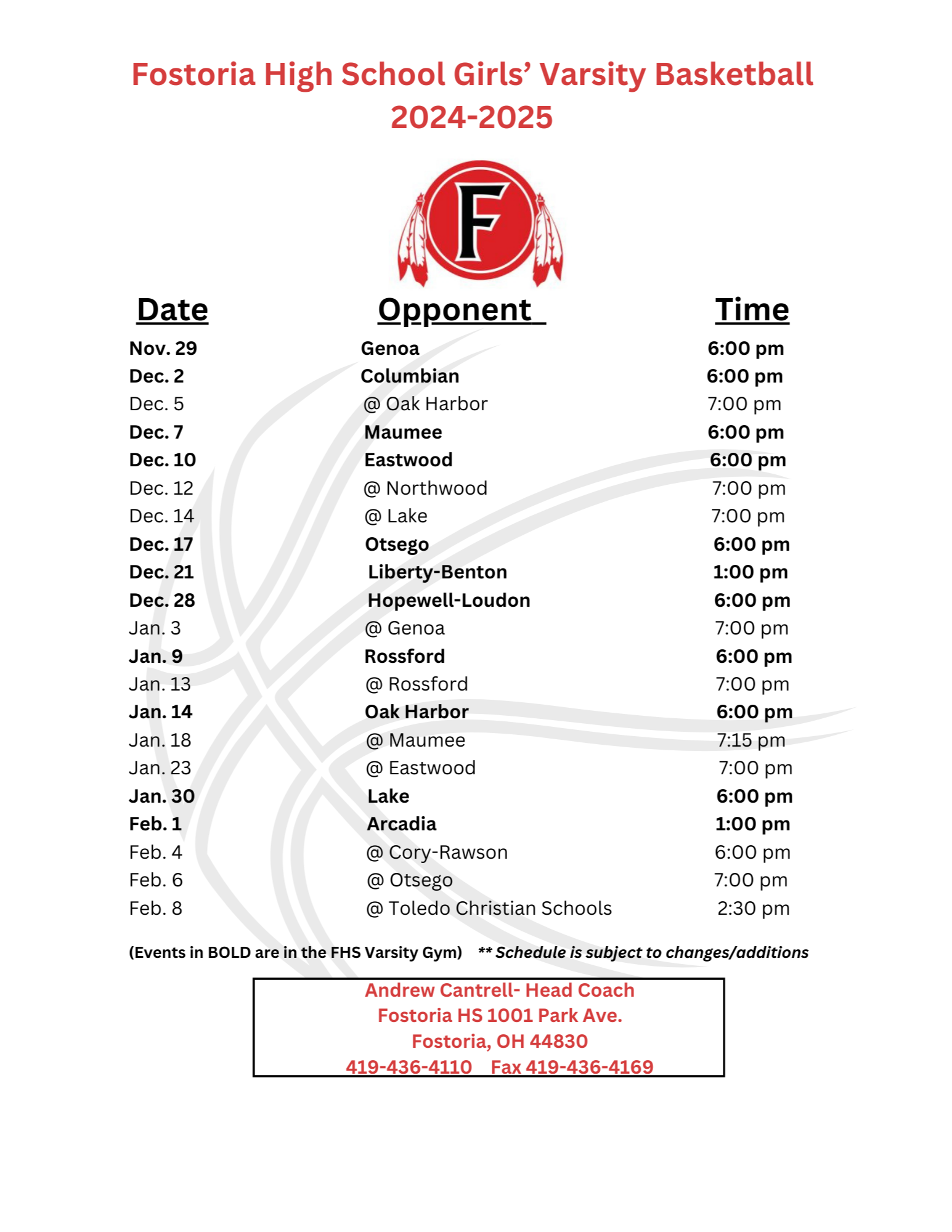 girls' basketball schedule