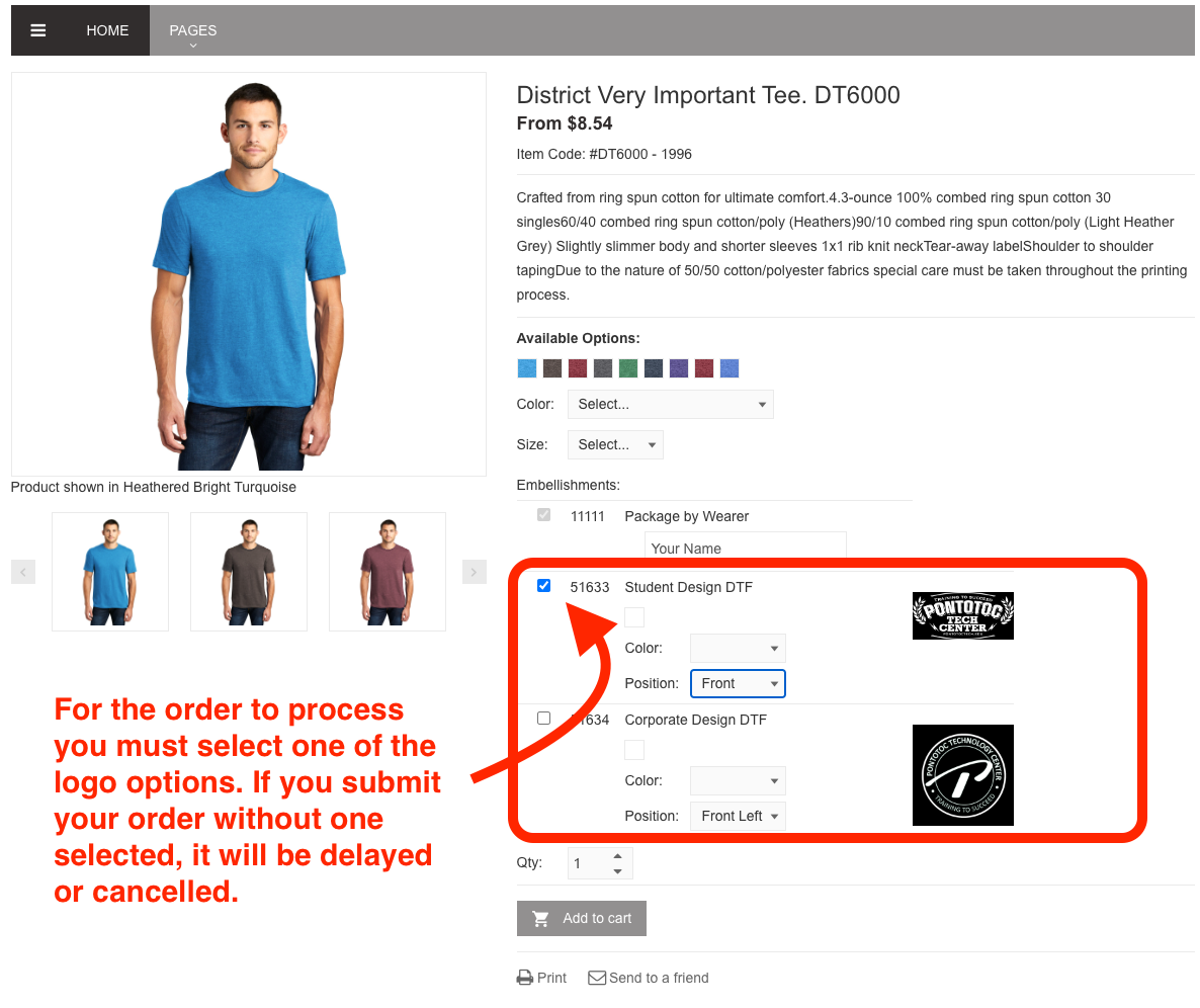Instructional image that shows how to select a logo option on the store shopping page.