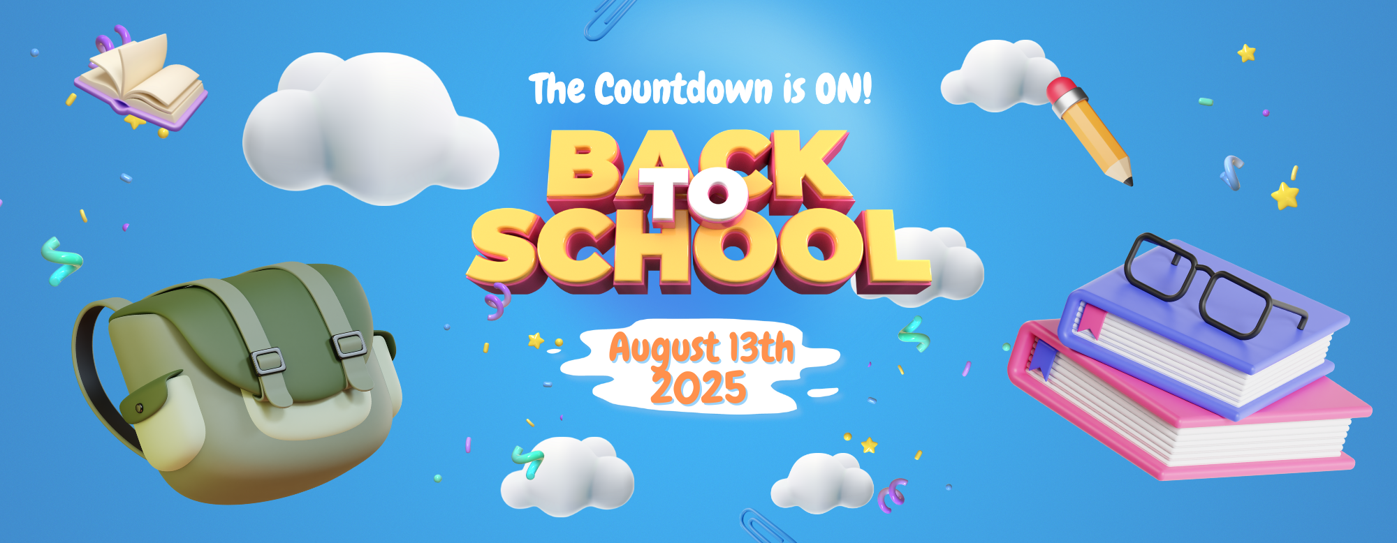 Back to School playful image with clouds and start date of Aug 13