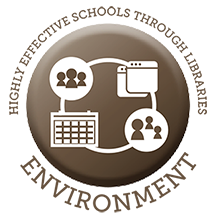 A circular brown badge featuring the text "Highly Effective Schools Through Libraries" curved along the top and "Environment" curved along the bottom. The center displays four white icons connected in a cycle: a group of people, computer browser windows, a calendar, and two individuals