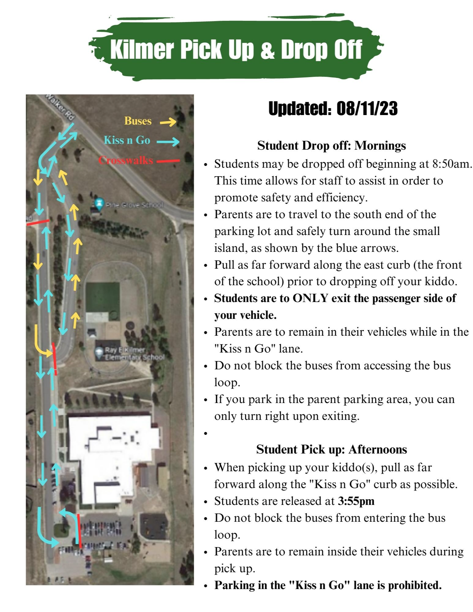 Drop Off and Pick Up Procedures instructions and map