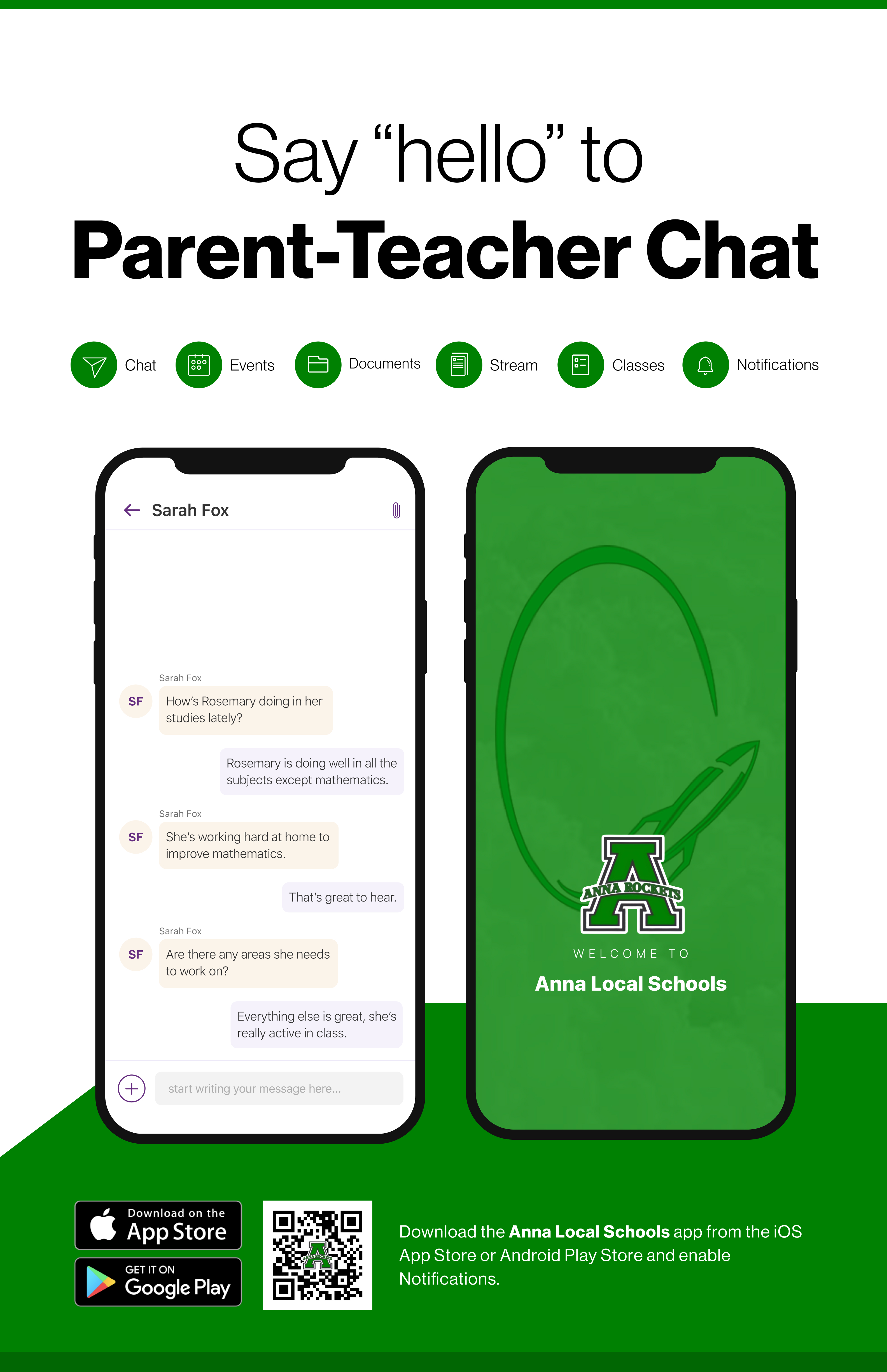 Say hello to Parent-Teacher chat in the new Rooms app. Download the Anna Local Schools app in the Google Play or Apple App store.