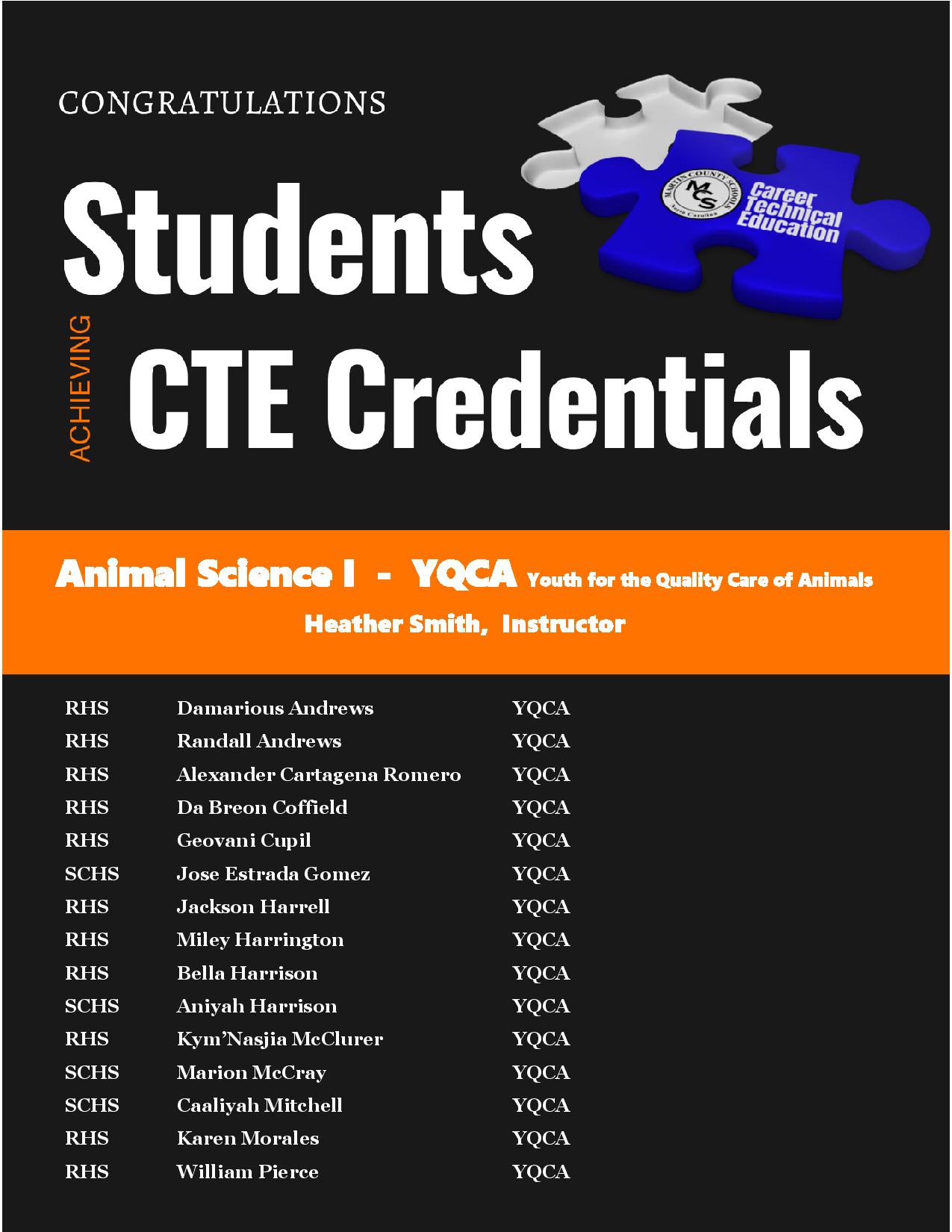 CTE Credentialing List Martin County Schools NC